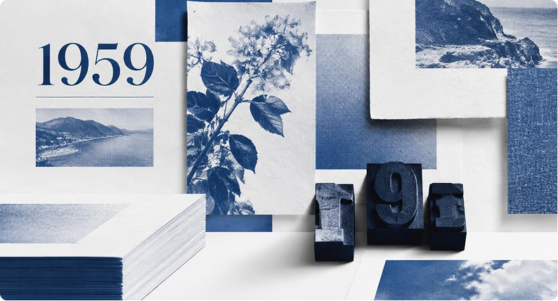 Blue-toned printed artwork samples with vintage letterpress type
