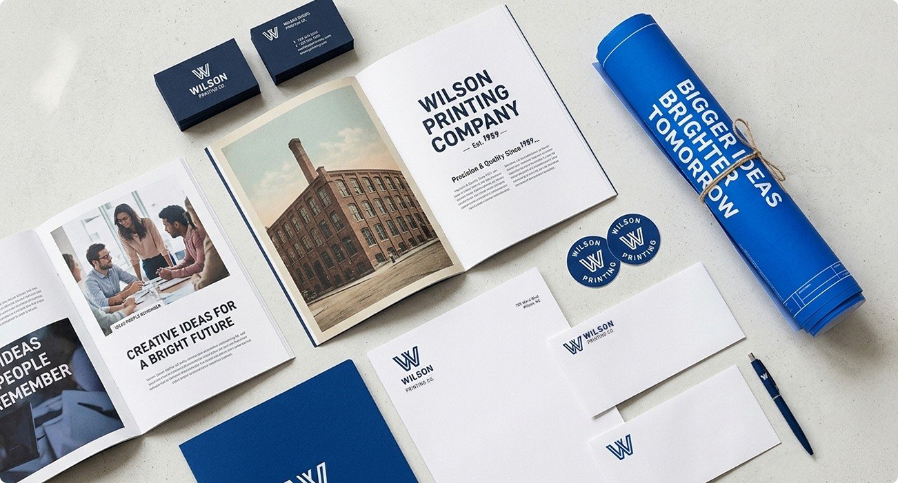 Wilson Printing Company brand stationery: business cards, brochures, letterhead, envelopes, stickers and a rolled poster